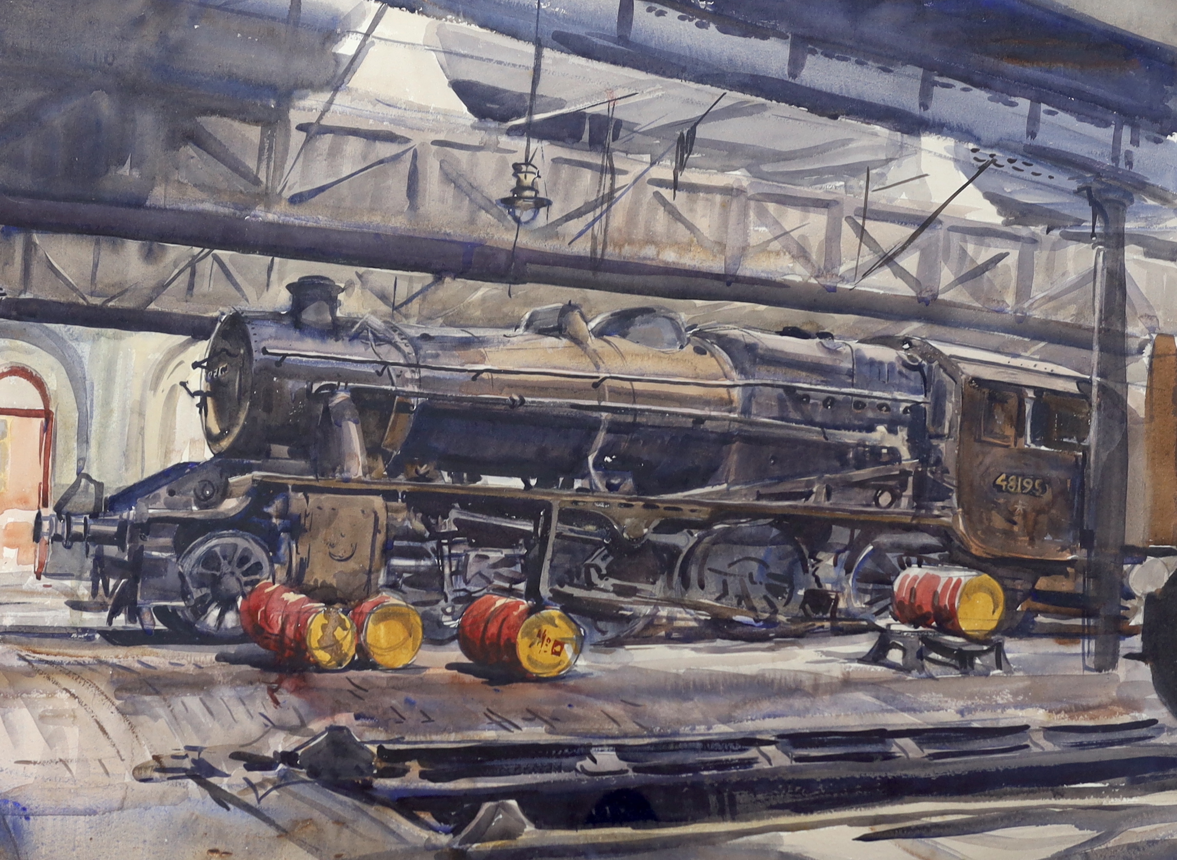 Ralph Hartley (1926-1988) watercolour, British Railways Class 8F 2-8-0 locomotive, details verso, 65 x 54cm